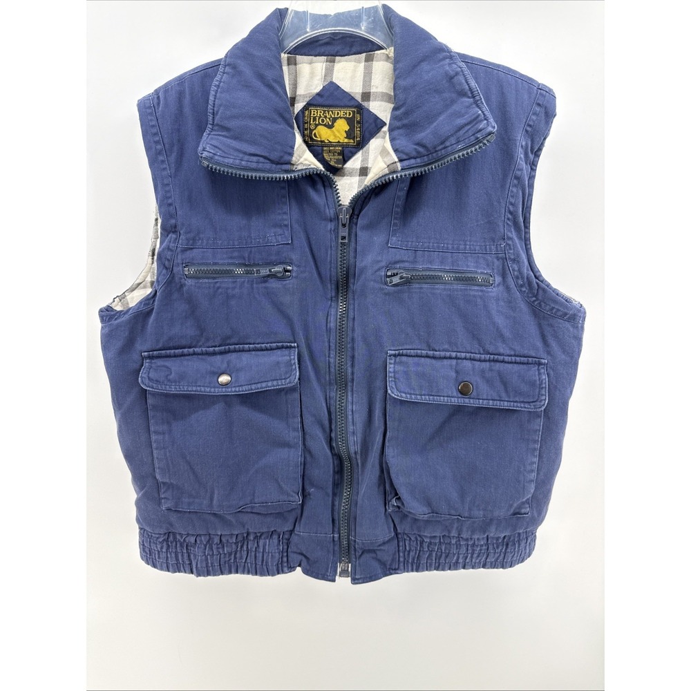 Branded Lion Flannel Lined Utility Vest‎ Mens Blue Size XL
